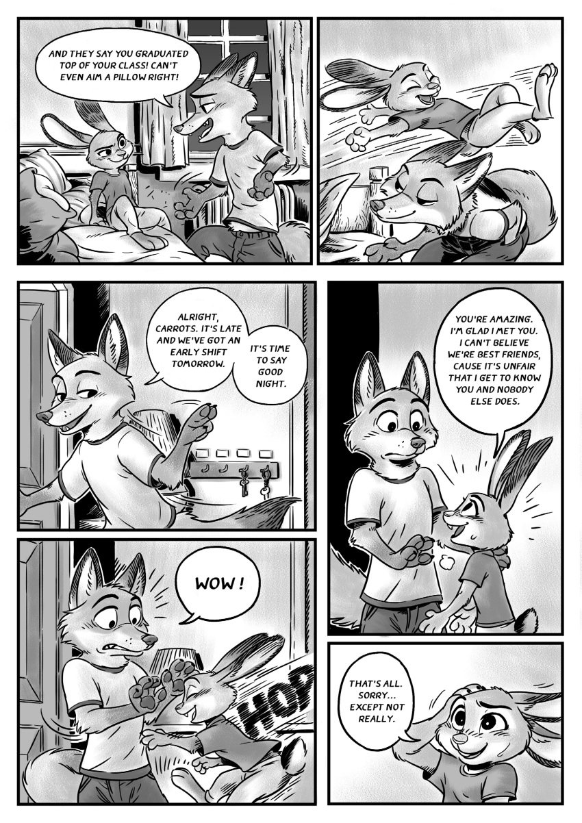 2019 black_and_white canid canine clothing dialogue disney english_text fox hi_res judy_hopps kit-ray-live lagomorph leporid mammal monochrome nick_wilde rabbit text zootopia