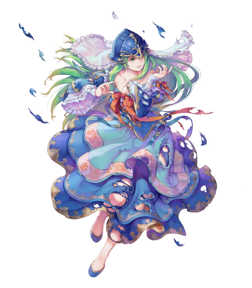 1girl armor bangs blue_footwear breasts collarbone detached_sleeves dress fire_emblem fire_emblem:_path_of_radiance fire_emblem_heroes frills full_body green_hair haccan helmet highres long_hair medium_breasts nephenee non-web_source official_art puffy_sleeves shoes solo transparent_background veil wide_sleeves