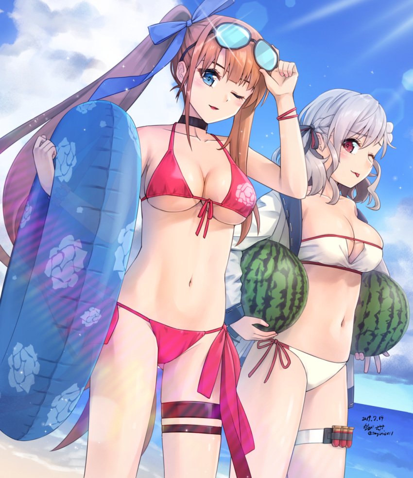 2girls ;p ass_visible_through_thighs asymmetrical_hair bikini black-framed_eyewear black_ribbon blue-tinted_eyewear blue_eyes blue_innertube blue_ribbon blue_sky bracelet braid breasts brown_hair cleavage cloud collar collarbone cowboy_shot day eyebrows_visible_through_hair eyewear_on_head fal_(girls_frontline) floating_hair food front-tie_bikini front-tie_top fruit girls_frontline hair_ribbon highres holding holding_food holding_fruit innertube jewelry long_hair looking_at_viewer medium_breasts multiple_girls navel one_eye_closed outdoors red_bikini red_eyes red_ribbon ribbon sarasa_(kanbi) shiny shiny_hair side-tie_bikini sideboob silver_hair sky smile sparkle spas-12_(girls_frontline) standing striped striped_bikini sunglasses sunlight swimsuit thigh_strap tongue tongue_out twintails very_long_hair watermelon white_bikini