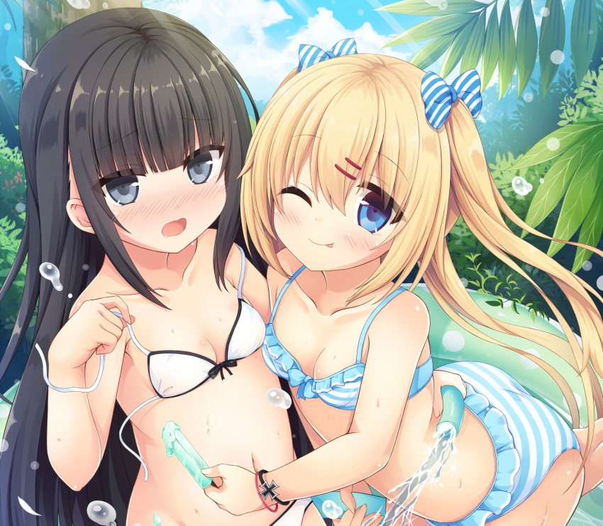 2girls ;p azur_lane bare_shoulders bikini black_hair blonde_hair blue_eyes blue_sky blush bow bow_bikini breasts cleavage closed_mouth cloud cloudy_sky collarbone commentary_request day diagonal_stripes fingernails food frilled_bikini frills grey_eyes hair_bow hair_ornament hairclip highres holding holding_food holding_hose hose iron_cross long_hair multiple_girls navel nose_blush official_art one_eye_closed open_mouth outdoors palm_tree popsicle sakuraba_hikaru_(loveindog) sitting sky small_breasts smile striped striped_bikini striped_bow swimsuit tongue tongue_out tree twintails very_long_hair wardrobe_malfunction wariza wet white_bikini z18_(azur_lane) z19_hermann_kunne_(azur_lane)