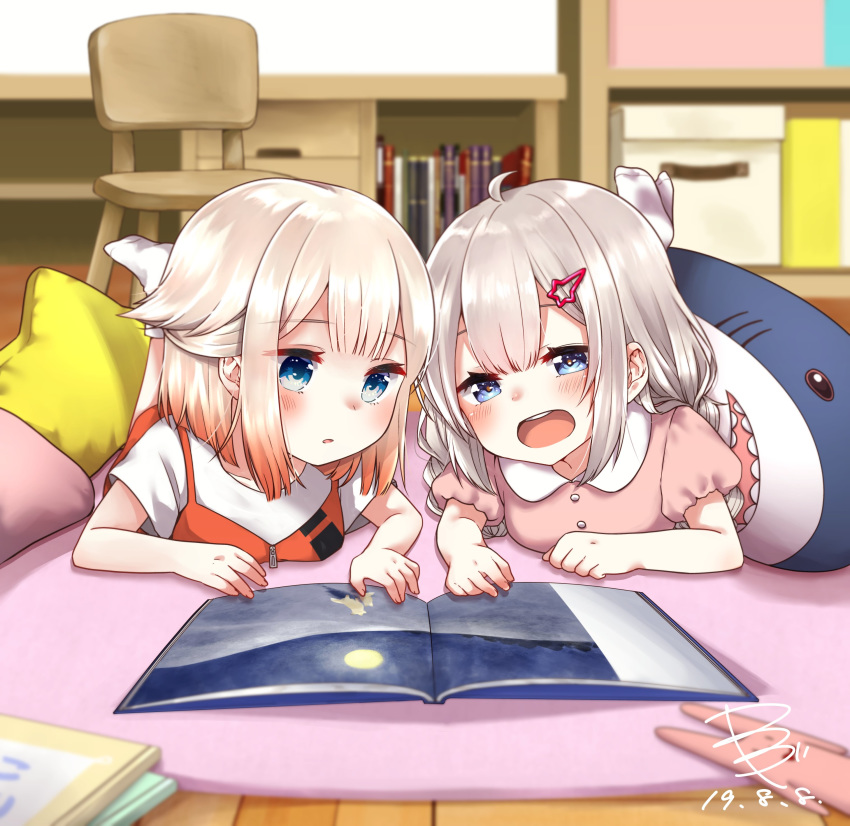 2girls absurdres ahoge blue_eyes blush book bookshelf cevio chair child commentary desk dress feet_up hair_ornament hairclip highres ia_(vocaloid) indoors juliet_sleeves long_sleeves lying moon multiple_girls on_stomach one_(cevio) open_mouth parted_lips picture_book pillow pink_dress platinum_blonde_hair puffy_sleeves reading shirt skskjogio2444 socks star stuffed_animal stuffed_shark stuffed_toy vocaloid white_legwear white_shirt younger zipper