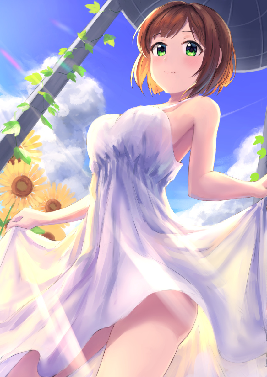 1girl blue_sky brown_hair closed_mouth cowboy_shot dress dress_lift flower from_below green_eyes highres idolmaster idolmaster_cinderella_girls kurageso lifted_by_self maekawa_miku short_hair sky sleeveless sleeveless_dress solo standing sundress sunflower sunlight white_dress yellow_flower