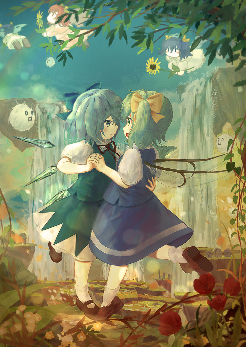 5girls absurdres blue_bow blue_eyes blue_hair blue_skirt blue_sky blue_vest blurry bobby_socks bokeh bow brown_footwear cirno commentary_request daiyousei dancing day depth_of_field ekaapetto eye_contact fairy_wings flower flying green_eyes green_hair hair_ribbon hand_on_another's_back highres holding holding_flower holding_hands interlocked_fingers kedama leg_lift looking_at_another mary_janes multiple_girls open_mouth outdoors pillar poppy_(flower) red_hair ribbon shoes short_hair side_ponytail skirt skirt_set sky smile socks standing standing_on_one_leg sunflower_fairy tombstone touhou two_side_up vest water waterfall white_legwear wings yellow_bow yuri