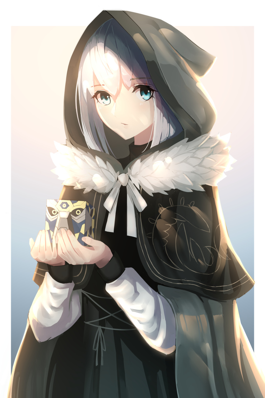 1girl absurdres bangs black_dress blue_eyes boa_sorte cape dress eyebrows_visible_through_hair fate_(series) gray_(lord_el-melloi_ii) grey_cape hair_between_eyes highres holding hood hood_down hooded long_sleeves looking_at_viewer lord_el-melloi_ii_case_files neck_ribbon ribbon short_hair silver_hair solo standing white_background white_ribbon