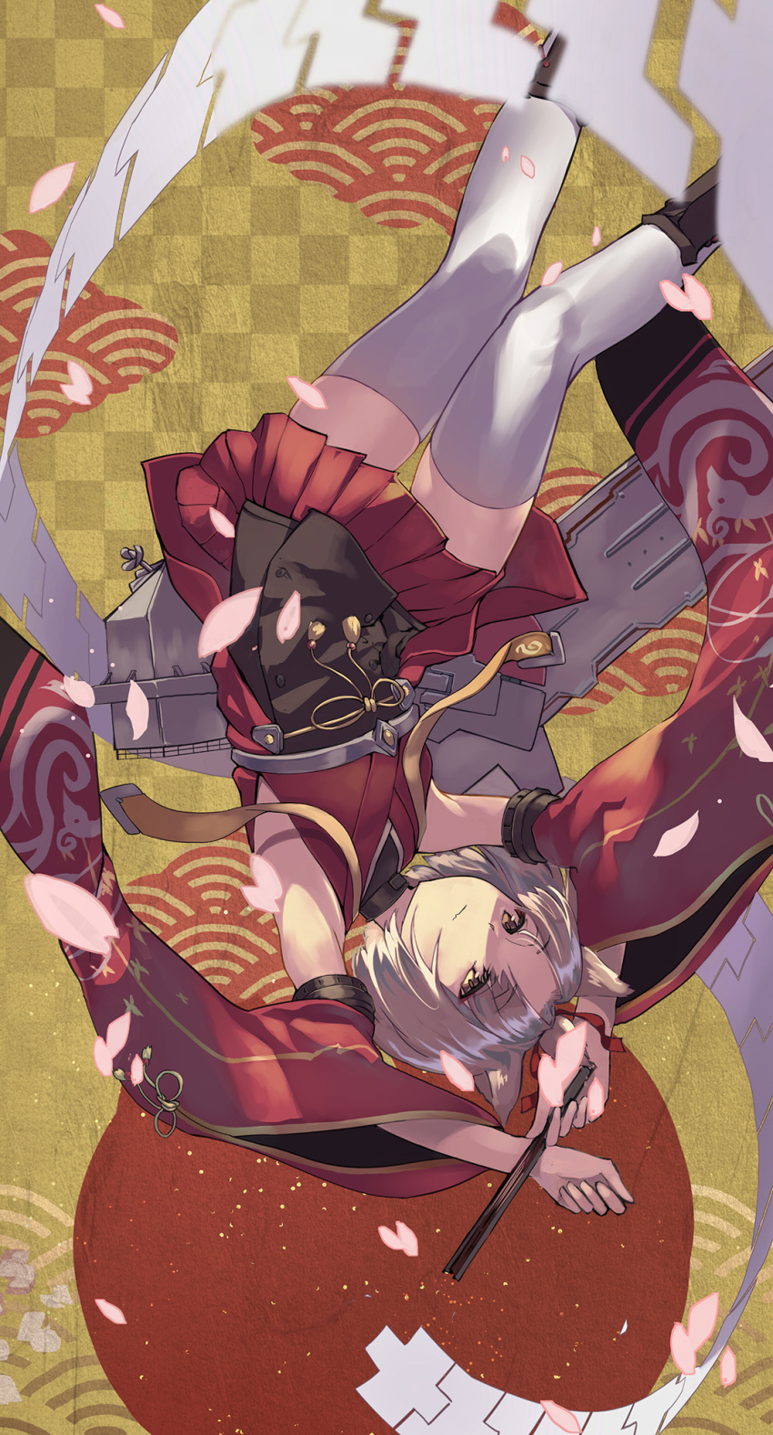 1girl animal_ears armpits arms_up azur_lane brown_eyes character_request closed_mouth eyebrows_visible_through_hair fujita_(condor) highres holding japanese_clothes long_sleeves petals red_skirt shaded_face short_hair shouhou_(azur_lane) skirt solo thighhighs upside-down white_legwear