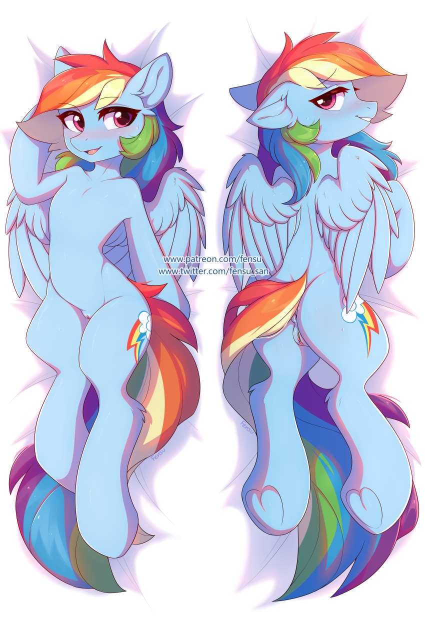 2019 absurd_res blush cutie_mark dakimakura_design digital_media_(artwork) equid equine feathered_wings feathers female fensu-san friendship_is_magic hi_res hooves looking_at_viewer mammal my_little_pony pterippus pussy rainbow_dash_(mlp) underhoof wings