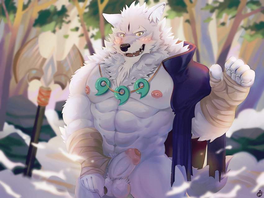 4:3 5_fingers abs anthro balls bearp_(artist) biceps biped black_nose blush canid canine canis detailed_background fingers fur grey_fur handwraps hi_res humanoid_hands law_(sdorica_sunset) mace magatama male mammal masturbation melee_weapon muscular muscular_male nude open_mouth pecs penis sdorica sdorica_sunset signature tongue tree weapon wolf yellow_eyes