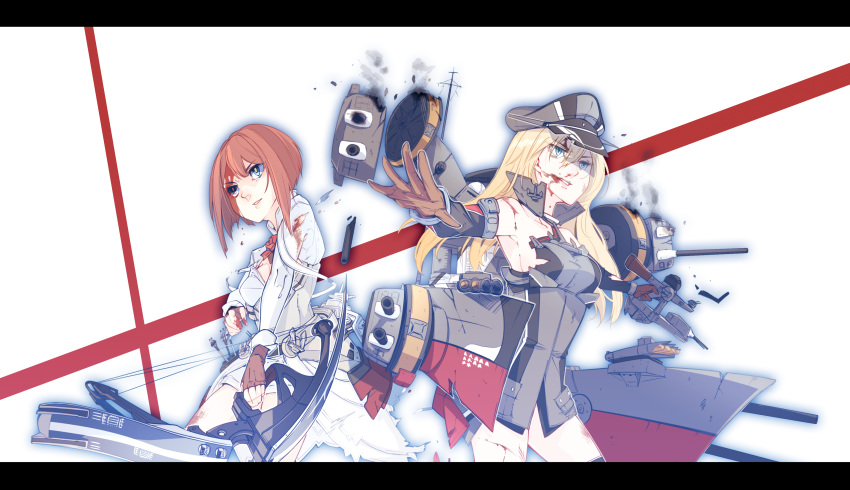 2girls absurdres anbo ark_royal_(kantai_collection) bangs bismarck_(kantai_collection) bleeding blonde_hair blood blood_from_mouth blood_on_face blood_stain bloody_clothes blue_eyes blunt_bangs bob_cut bow_(weapon) breastplate cannon compound_bow corset cuts damaged dress fingerless_gloves flight_deck flower gloves hairband hat highres huge_filesize injury jacket kantai_collection long_hair long_sleeves machinery multiple_girls off-shoulder_dress off_shoulder overskirt peaked_cap quiver red_flower red_hair red_ribbon red_rose ribbon rose short_hair shorts tiara torn_clothes tsurime turret uniform weapon white_corset white_shorts