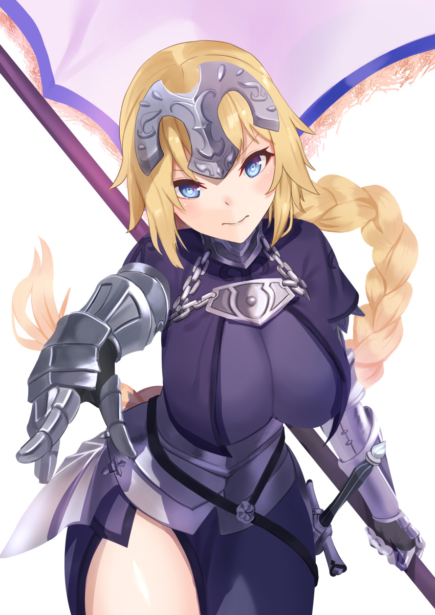 1girl absurdres armor blonde_hair blue_eyes blush braid breasts commentary_request elach fate/apocrypha fate_(series) gauntlets headpiece highres jeanne_d'arc_(fate) jeanne_d'arc_(fate)_(all) large_breasts long_braid long_hair looking_at_viewer simple_background single_braid smile solo standard_bearer very_long_hair white_background