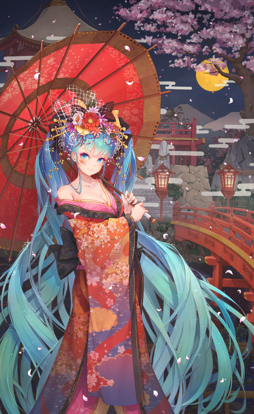 1girl absurdly_long_hair absurdres bangs blue_eyes blue_hair breasts bridge catxuan cherry_blossoms cleavage eyebrows_visible_through_hair floral_print flower full_moon hair_flower hair_ornament hatsune_miku highres japanese_clothes kimono large_breasts long_hair moon night off_shoulder oriental_umbrella outdoors solo standing twintails umbrella very_long_hair vocaloid