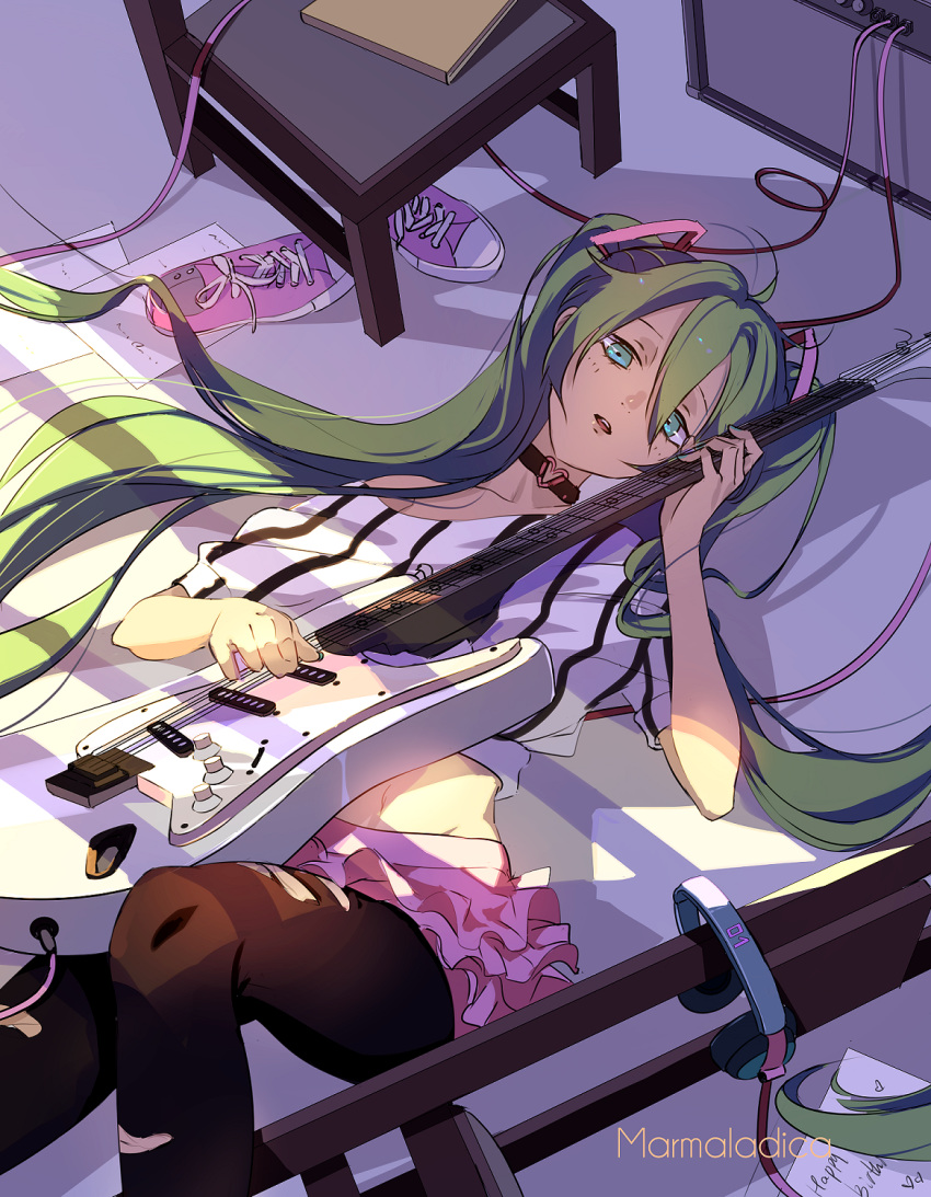 1girl amplifier aqua_eyes aqua_nails artist_name bare_shoulders black_choker black_legwear cable choker collarbone commentary crop_top green_hair guitar hair_between_eyes hair_ribbon hatsune_miku headphones headphones_removed heart heart_choker highres indoors instrument layered_skirt long_hair lying marmalade_(elfless_vanilla) midriff miniskirt nail_polish off-shoulder_shirt off_shoulder on_back pantyhose paper pink_ribbon pink_skirt ribbon shirt shoes_removed skirt solo striped striped_shirt torn_clothes torn_legwear vertical-striped_shirt vertical_stripes very_long_hair vocaloid window_shade