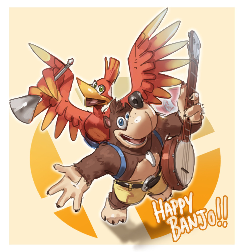 1boy 1girl backpack bag banjo banjo-kazooie banjo_(banjo-kazooie) bear bird blue_eyes brown_hair fatal_fury feathers green_eyes hat highres instrument kazooie_(banjo-kazooie) looking_at_viewer nin_nakajima open_mouth puzzle_piece shorts simple_background smile super_smash_bros. terry_bogard the_king_of_fighters wings