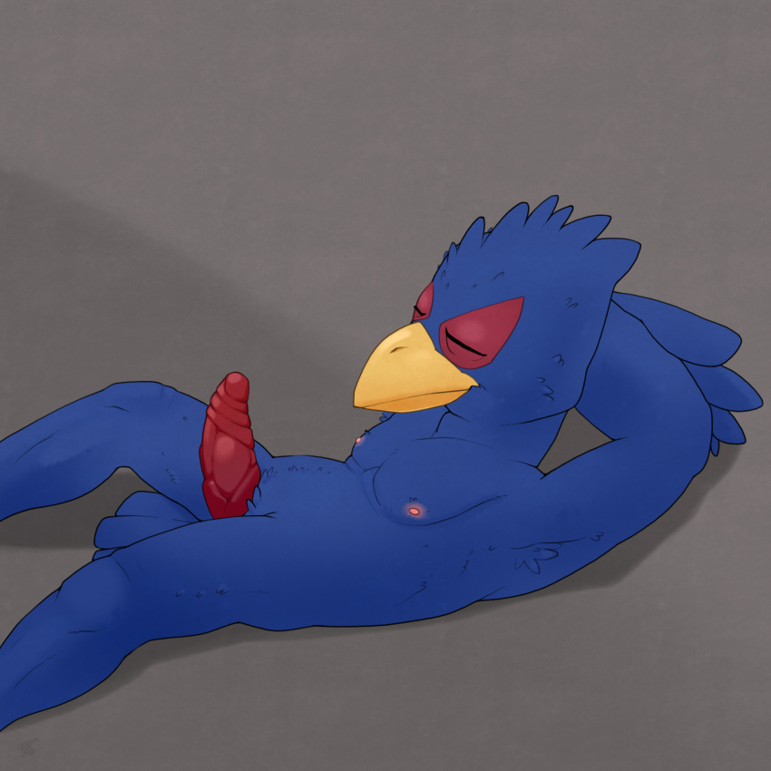 1:1 2019 anthro argon_vile avian beak bird blue_feathers erection eyes_closed falco_lombardi feathers grey_background hands_behind_head hi_res lying male nintendo nipples nude on_back penis side_view signature simple_background solo star_fox video_games