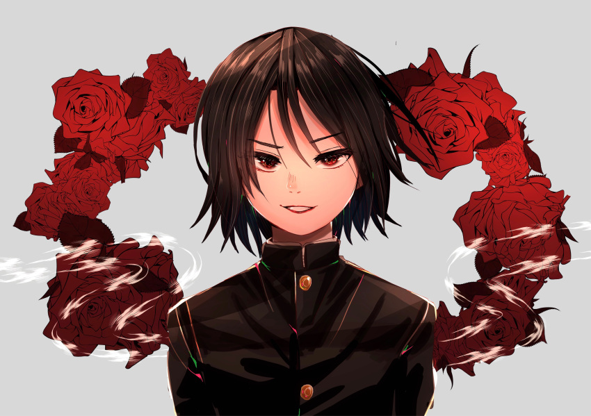 1boy absurdres androgynous black_hair flower gakuran highres jaibo litchi_hikari_club looking_at_viewer male_focus nial_1122 red_eyes rose school_uniform smile solo teeth uniform