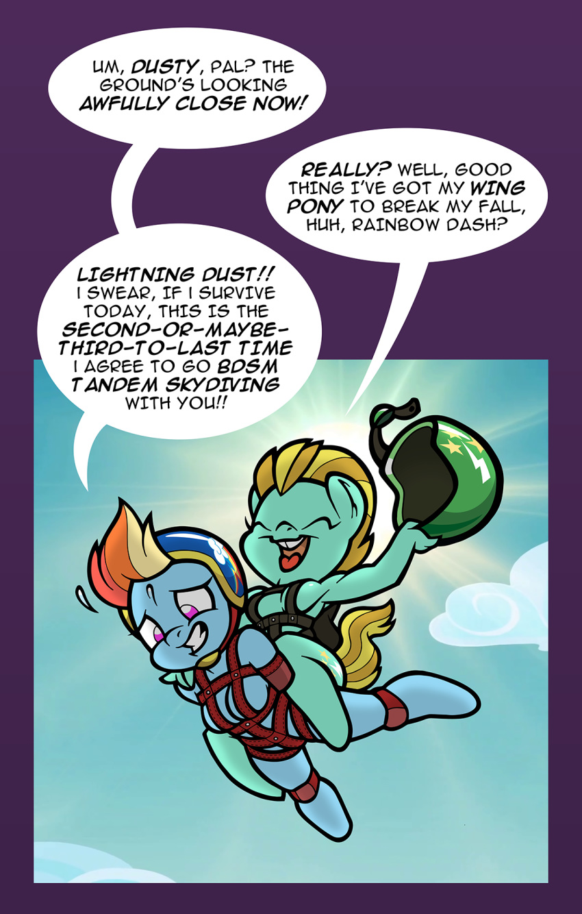 2019 anthro anthrofied armor bdsm bondage bound breasts chibi cleavage clenched_teeth clothed clothing dialogue duo english_text equid equine falling female female/female friendship_is_magic headgear helmet hi_res horse lightning_dust_(mlp) mammal my_little_pony nervous pony rainbow_dash_(mlp) skydiving teeth text toonbat