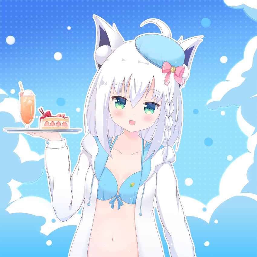 1girl :d absurdres ahoge animal_ear_fluff animal_ears bangs beret bikini bikini_under_clothes blue_bikini blue_headwear blush bow braid breasts cake cleavage cloud collarbone commentary_request cup drawstring drinking_glass drinking_straw eyebrows_visible_through_hair fang food fox_ears front-tie_bikini front-tie_top green_eyes hair_between_eyes hat hat_bow head_tilt highres holding holding_tray hololive hood hood_down hooded_jacket ice_cream ice_cream_float jacket liang_feng_qui_ye long_hair looking_at_viewer navel open_clothes open_jacket open_mouth pink_bow shirakami_fubuki side_braid single_braid slice_of_cake small_breasts smile solo swimsuit tilted_headwear tray upper_body virtual_youtuber white_hair white_jacket