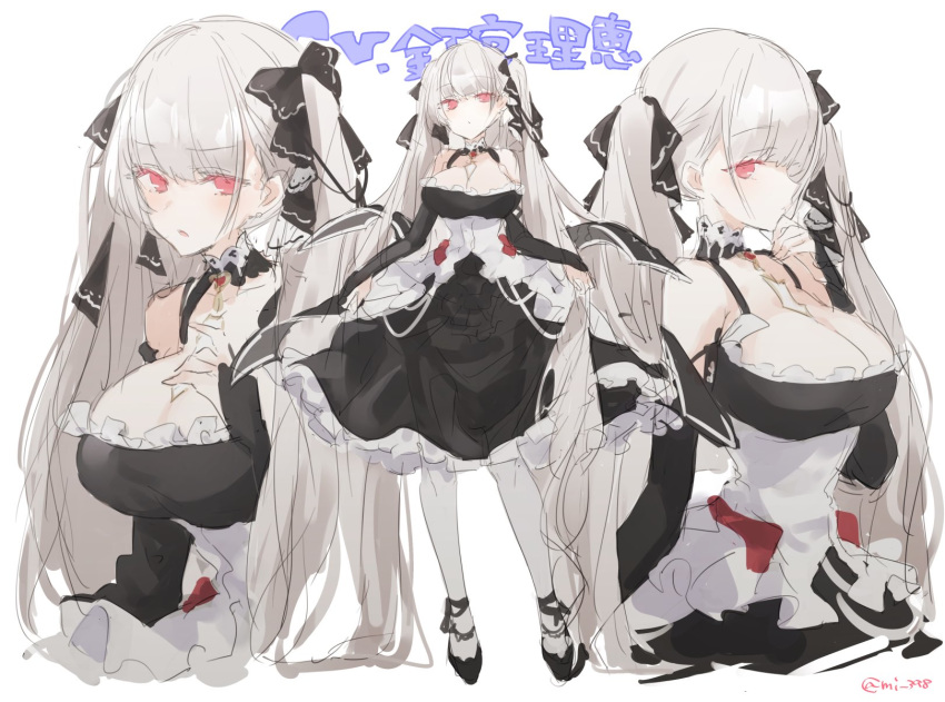 1girl azur_lane black_dress black_footwear blush breasts brown_eyes cleavage commentary_request dress expressions formidable_(azur_lane) frilled_dress frills full_body grey_hair high_heels highres looking_at_viewer low_twintails mi_398 twintails white_legwear