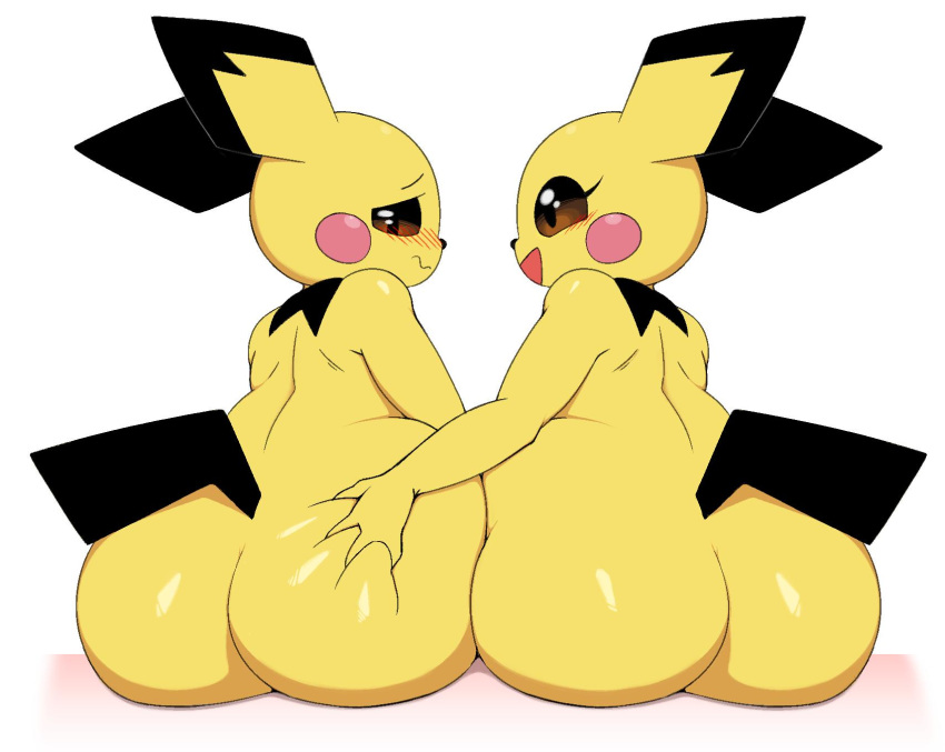 :s anthro big_butt black_fur blush brown_eyes butt butt_grab dipstick_ears duo eye_contact eyelashes female fur hand_on_butt happy hi_res looking_at_another looking_away multicolored_ears nintendo pichu pok&eacute;mon pok&eacute;mon_(species) pok&eacute;morph pururing shy simple_background sitting video_games white_background yellow_fur