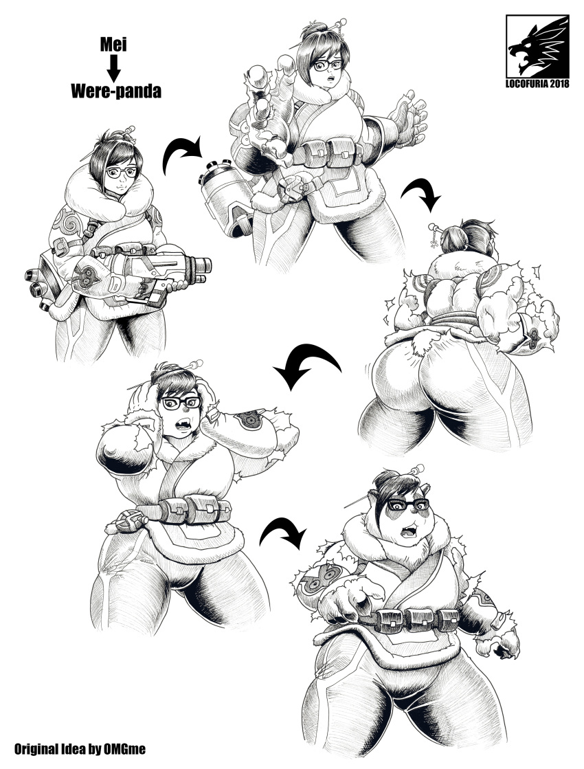 2018 absurd_res anthro blizzard_entertainment butt clothing directional_arrow eyewear female giant_panda glasses gun hair hand_on_head hi_res human human_to_anthro locofuria mammal mei_(overwatch) monochrome open_mouth overwatch ranged_weapon sequence simple_background smile solo species_transformation surprise tail_growth text thick_thighs tight_clothing torn_clothing transformation ursid video_games weapon white_background wide_hips