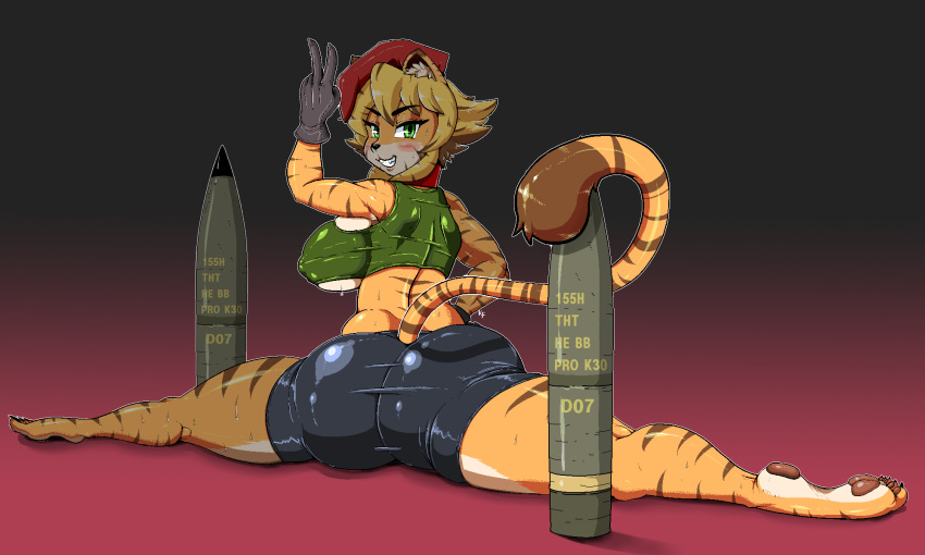 ammunition anthro barefoot big_breasts big_butt biped blush breasts butt claws clothed clothing feet felid female flexible green_eyes hi_res huge_breasts inner_ear_fluff lollipopcon mammal pantherine pawpads pose saffron_(safurantora) skimpy smile solo splits spread_legs spreading thick_thighs tiger tight_clothing toe_claws toes voluptuous wet wide_hips