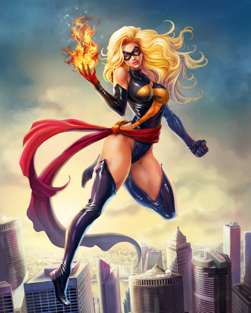 blonde_hair boots breasts carol_danvers domino_mask highres krystopher_decker large_breasts leotard marvel mask ms._marvel sash thigh_boots thighhighs