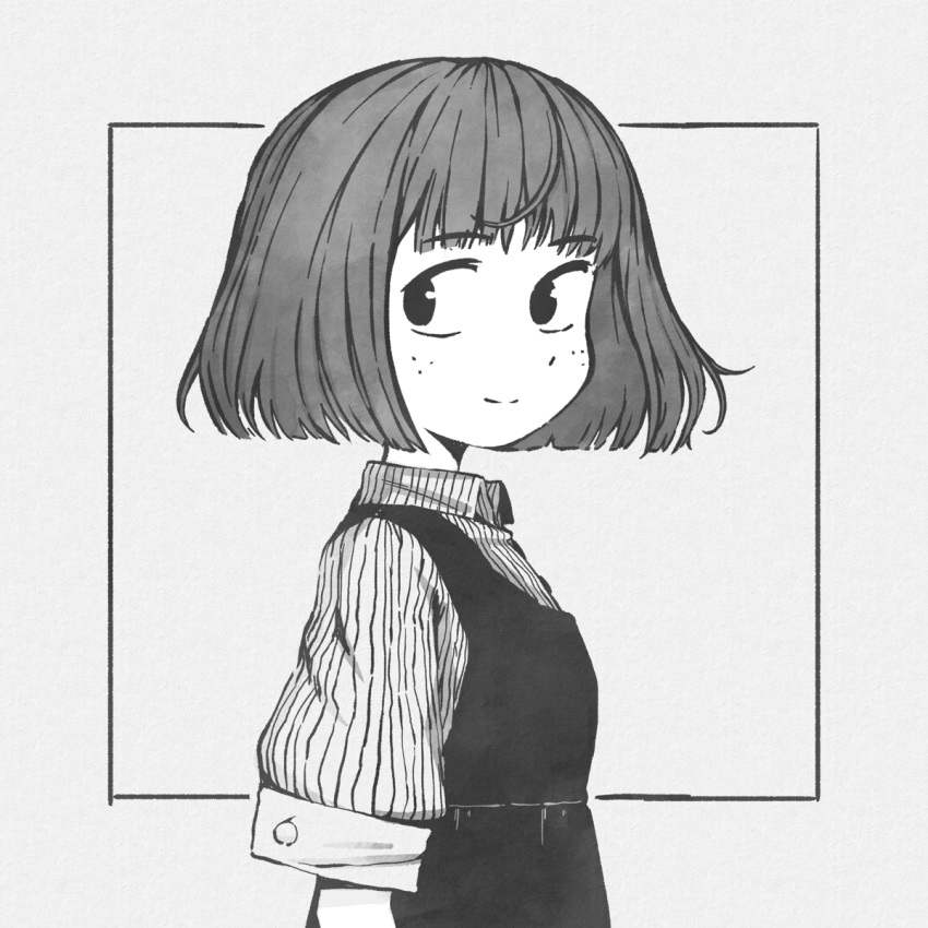 1girl apron bangs bob_cut eyebrows_visible_through_hair freckles highres light_smile looking_to_the_side monochrome orange_peel_(artist) original rectangle shirt short_hair solo striped striped_shirt