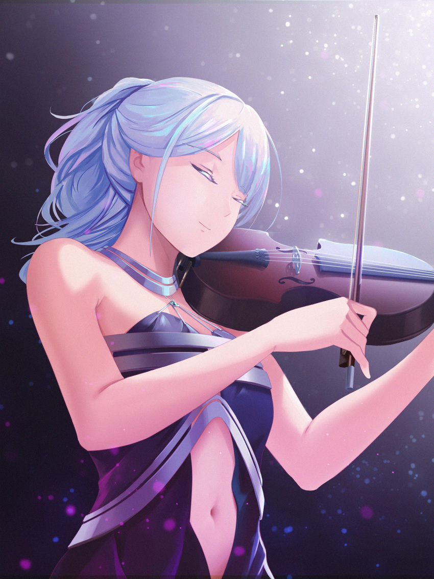1girl ak-12_(girls_frontline) bangs bare_shoulders breasts closed_eyes closed_mouth commentary_request dress eyebrows_visible_through_hair gan-viking girls_frontline highres holding holding_instrument instrument long_hair navel revision sidelocks silver_hair solo violin