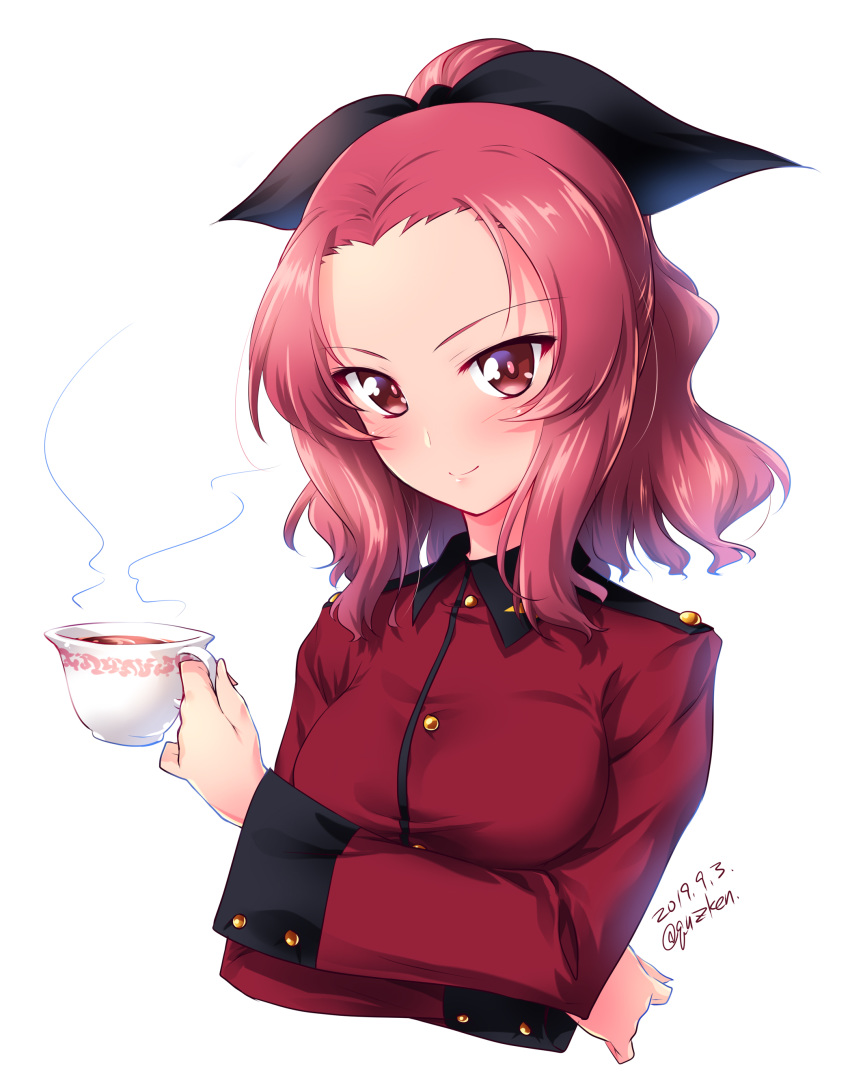 1girl absurdres alternate_hairstyle blush brown_eyes closed_mouth commentary cropped_torso crossed_arms cup dated epaulettes girls_und_panzer hair_up highres holding holding_cup jacket kuzuryuu_kennosuke long_sleeves looking_at_viewer medium_hair military military_uniform red_hair red_jacket rosehip short_ponytail simple_background smile solo st._gloriana's_military_uniform tea teacup team twitter_username uniform upper_body white_background
