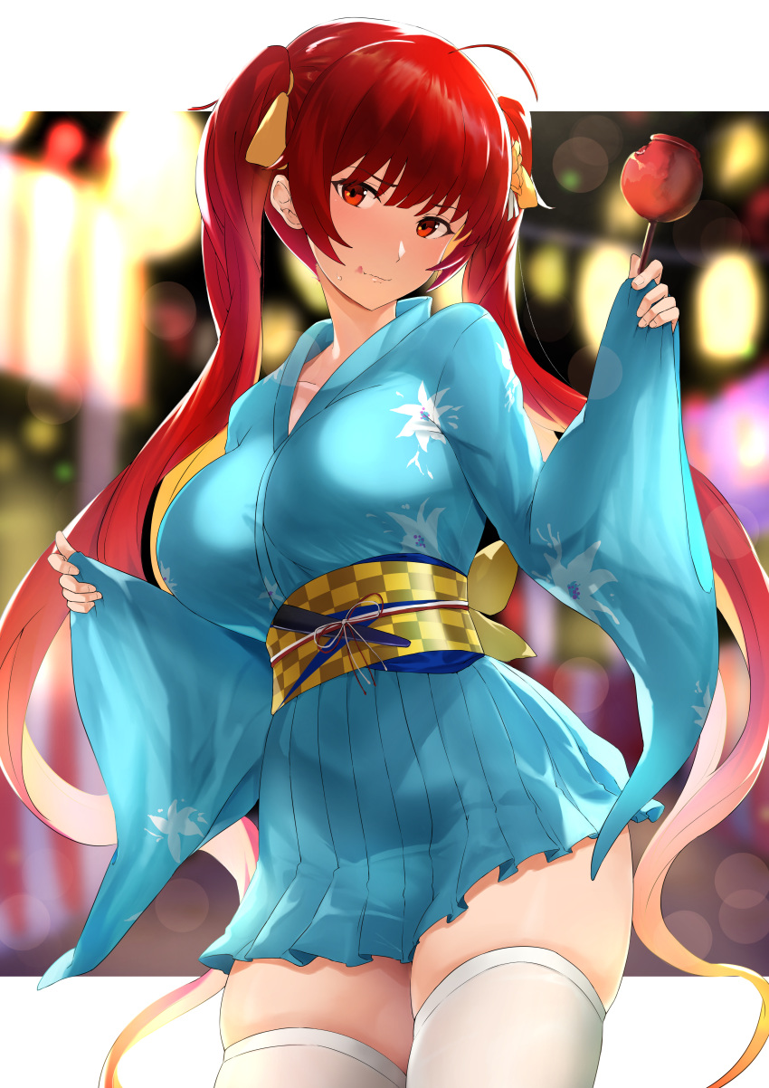 1girl absurdres azur_lane bangs blue_kimono blurry blurry_background blush breasts cleavage commentary_request eating eyebrows_visible_through_hair festival floral_print flower food fujitsubo_(hujitubo0731) hair_flower hair_ornament highres holding holding_food honolulu_(azur_lane) honolulu_(festival_date)_(azur_lane) huge_filesize japanese_clothes kimono large_breasts long_hair looking_at_viewer obi red_eyes red_hair sash solo sweatdrop thighhighs twintails very_long_hair white_legwear wide_sleeves yukata