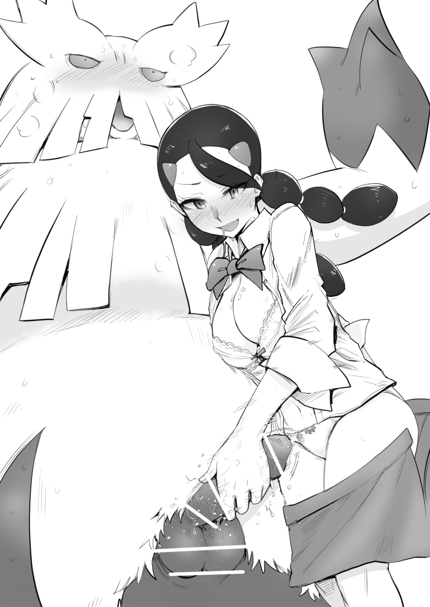 abomasnow bestiality blush bra braid chouku_tetsushitsuiwa greyscale handjob highres monochrome open_clothes open_mouth open_shirt panties penis pokemon school_uniform sketch sleeves_rolled_up suzuna_(pokemon) twin_braids underwear