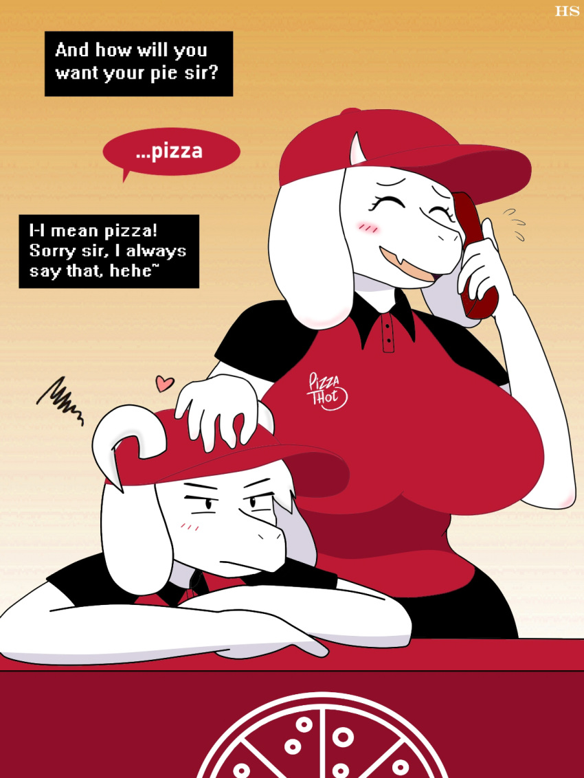 &lt;3 2019 anthro asriel_dreemurr big_breasts blush bodily_fluids boss_monster bovid breasts caprine clothed clothing cute_fangs dialogue duo english_text eyebrows eyelashes eyes_closed female food hat headgear headwear hi_res hoodie_stalker horn male mammal mature_female petting phone pizza pizza_thot shirt simple_background sitting smile solo standing table text thick_thighs topwear toriel undertale uniform video_games