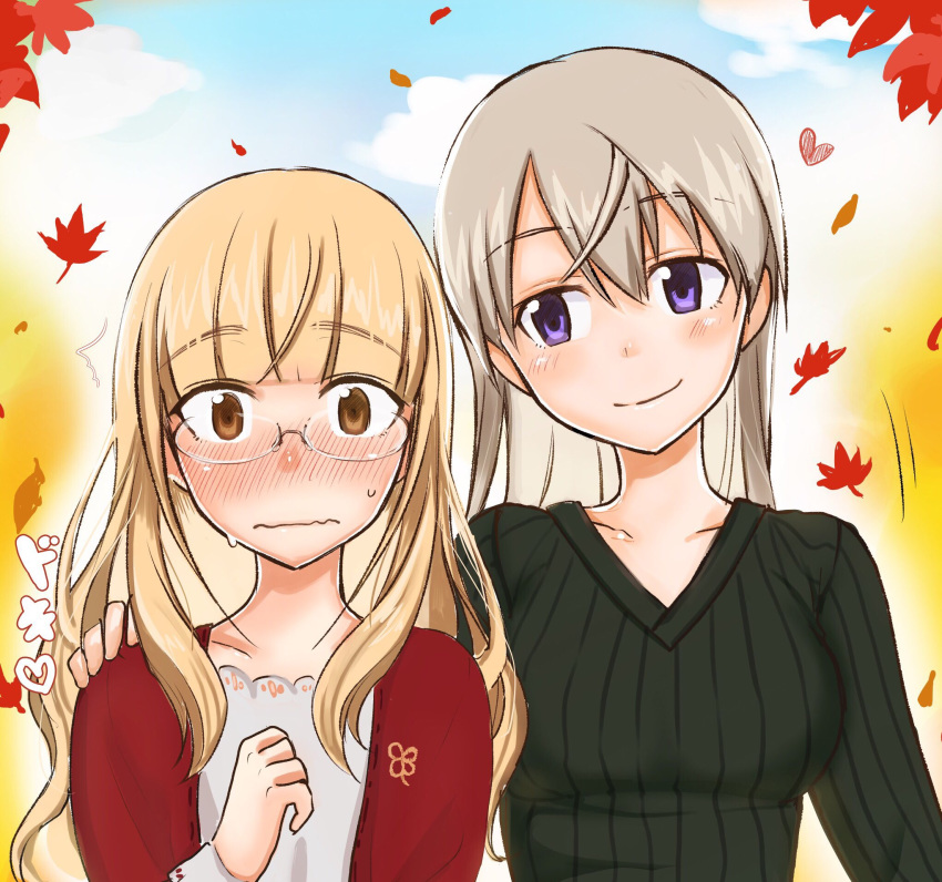 2girls autumn blonde_hair brown_eyes cloud collarbone couple eila_ilmatar_juutilainen emirio_(user_wmup5874) glasses hand_on_another's_shoulder highres leaf long_hair multiple_girls nervous perrine_h_clostermann purple_eyes silver_hair sky smile strike_witches sweat world_witches_series yuri