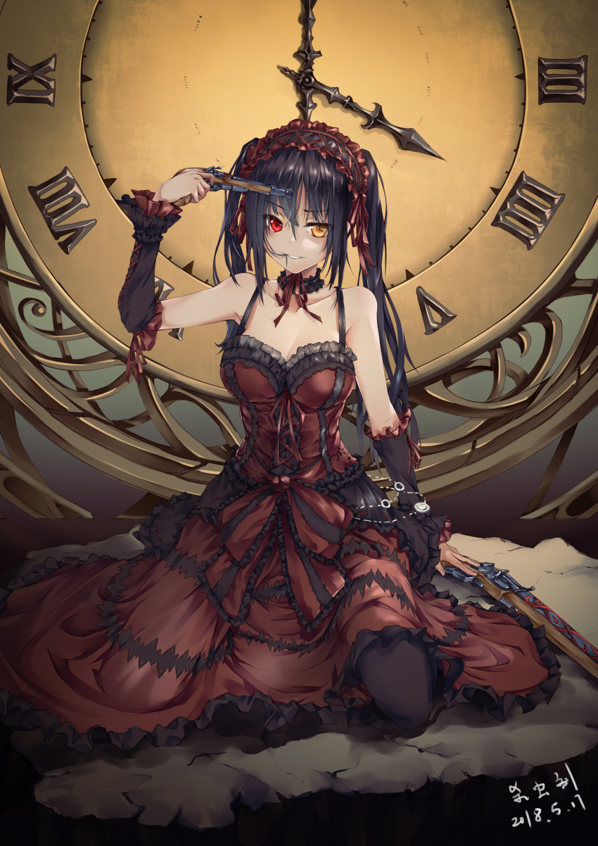 1girl absurdres asymmetrical_hair bad-old-driver bare_shoulders black_hair black_legwear breasts cleavage clock clock_eyes commentary_request date_a_live detached_collar detached_sleeves full_body gothic_lolita grin gun hair_in_mouth hairband heterochromia highres holding holding_gun holding_weapon kneeling lolita_fashion lolita_hairband long_hair medium_breasts painttool_sai pointing pointing_at_self red_eyes rifle roman_numerals smile solo symbol-shaped_pupils thighhighs tokisaki_kurumi twintails weapon yellow_eyes