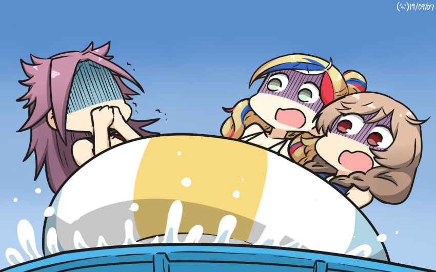 3girls blonde_hair blue_hair blue_sky braid cloud_hair_ornament commandant_teste_(kantai_collection) commentary_request covering_mouth dated day gradient_sky hamu_koutarou highres inflatable_raft jun'you_(kantai_collection) kantai_collection light_brown_hair long_hair minegumo_(kantai_collection) multicolored_hair multiple_girls outdoors ponytail purple_hair red_eyes red_hair shaded_face sky spiked_hair streaked_hair twin_braids upper_body wavy_hair