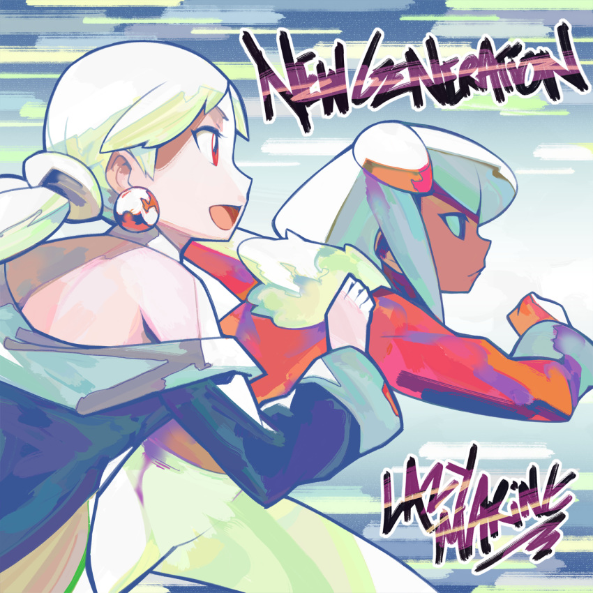 2girls album_cover blonde_hair cover cover_image dark_skin earrings english_text eric_muentes hairpods highres jewelry lazy_marine long_hair low_twintails multiple_girls off-shoulder_shirt off_shoulder open_mouth red_earrings running shirt sideways_mouth twintails white_hair