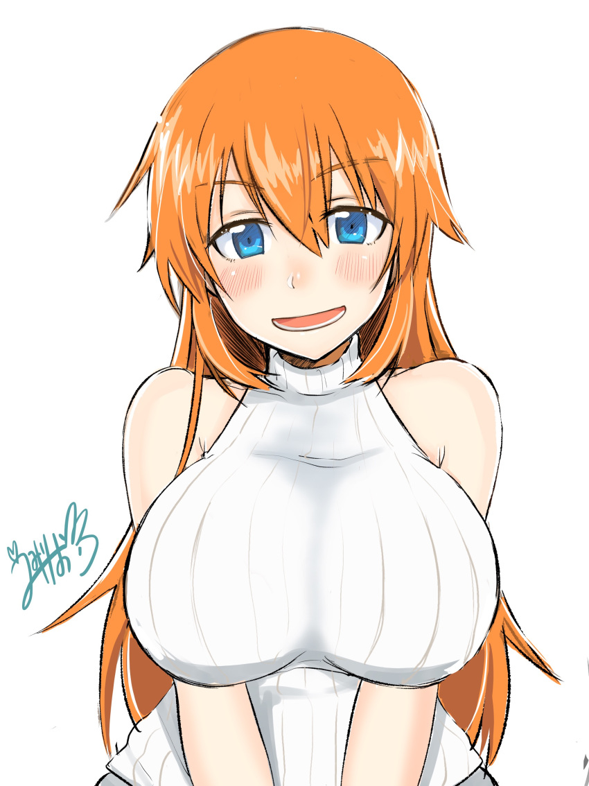 1girl absurdres blue_eyes blush breasts charlotte_e_yeager emirio_(user_wmup5874) highres large_breasts long_hair orange_hair smile strike_witches sweater teeth world_witches_series