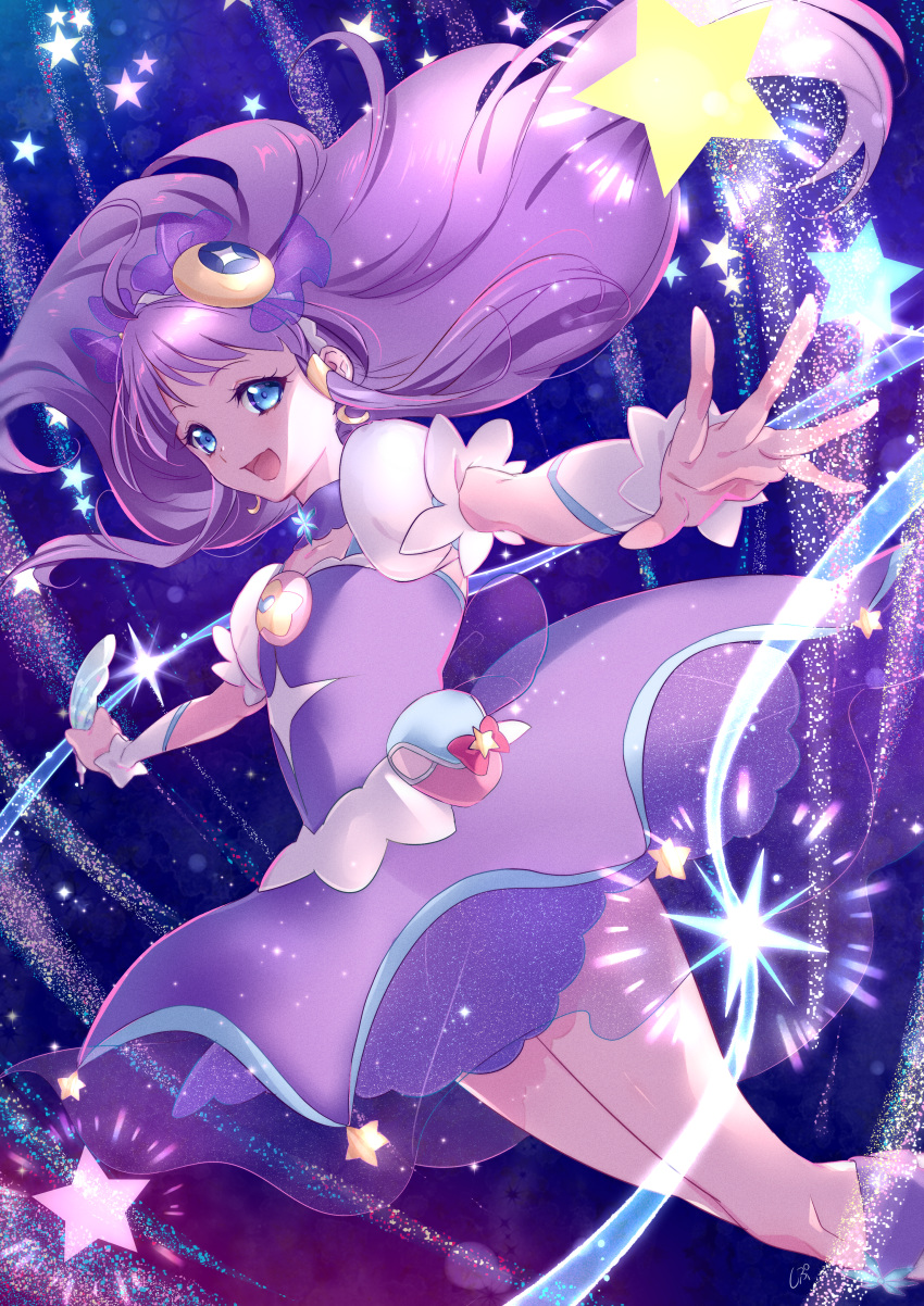 1girl :d absurdres blue_eyes boots crescent crescent_hair_ornament cure_selene dress floating_hair hair_ornament hair_tubes highres holding huge_filesize knee_boots long_hair open_mouth outstretched_arms outstretched_hand precure purple_dress purple_footwear purple_hair shiny shiny_hair shipu_(gassyumaron) short_dress short_sleeves smile solo star_twinkle_precure very_long_hair