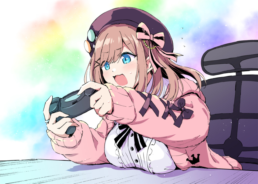 1girl bangs black_headwear blue_eyes blush bow breast_rest breasts brown_hair cardigan chair commentary flying_sweatdrops hair_between_eyes hair_bow hat holding_controller large_breasts leaning_forward long_sleeves marugoshi_(54burger) medium_hair nijisanji open_cardigan open_clothes open_mouth pink_cardigan playstation_controller rainbow_background shirt siting solo striped striped_bow suzuhara_lulu sweat table upper_body virtual_youtuber white_shirt