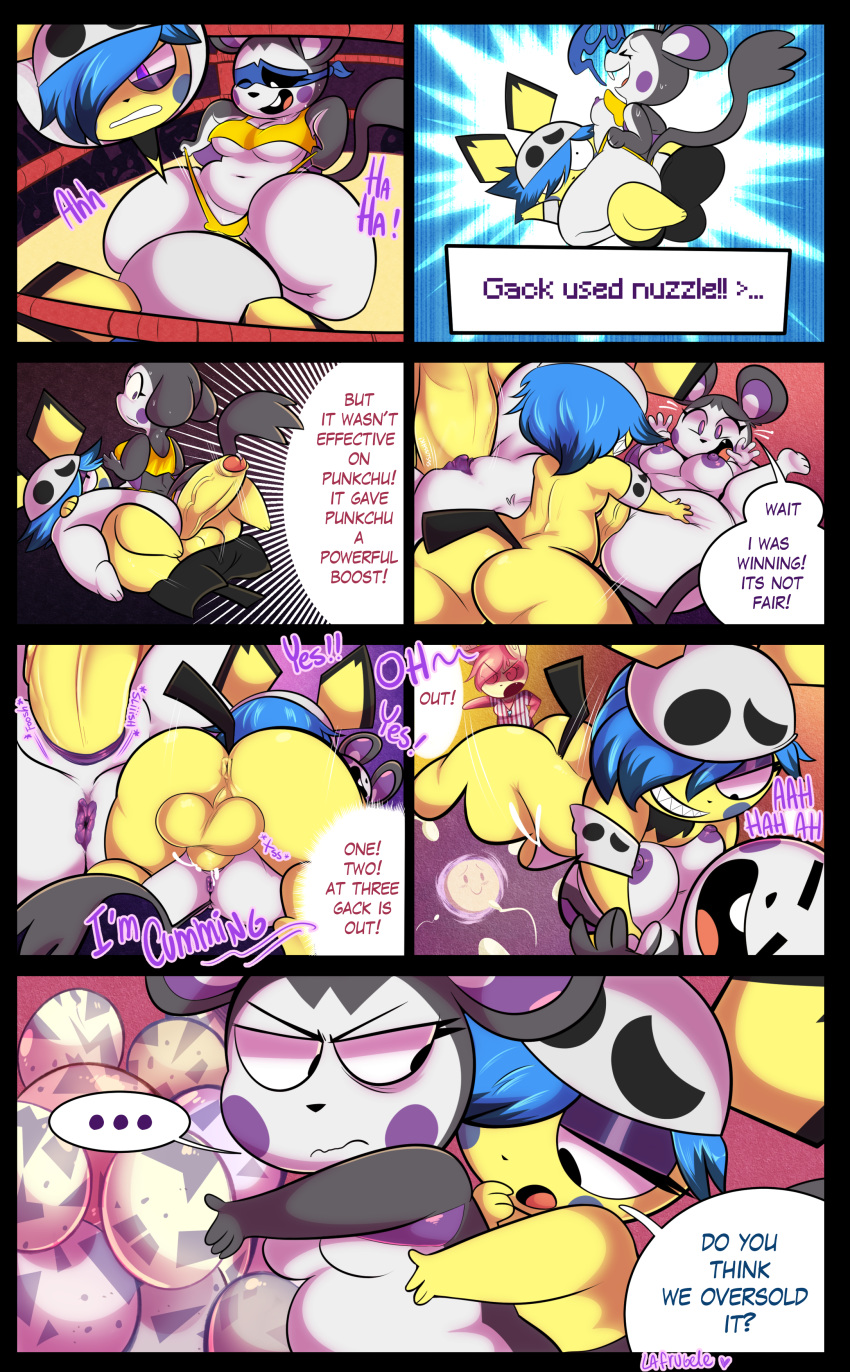 absurd_res anthro anthro_on_anthro anthro_penetrated anthro_penetrating anthro_penetrating_anthro areola balls biped blush bodily_fluids breast_grab breasts butt clitoris clothing comic cum cum_in_pussy cum_inside dialogue duo_focus egg emolga erection female female_penetrated genital_fluids group hand_on_breast hat headgear headwear hi_res impregnation la-frugele looking_pleasured makeup male male/female male_penetrating mask mating_press nintendo nipples oviposition ovum penetration penis pichu pok&eacute;mon pok&eacute;mon_(species) pregnant pussy pussyjob ring rope sex sitting sperm_cell spinda spreading submissive_female vaginal vaginal_penetration video_games wrestling