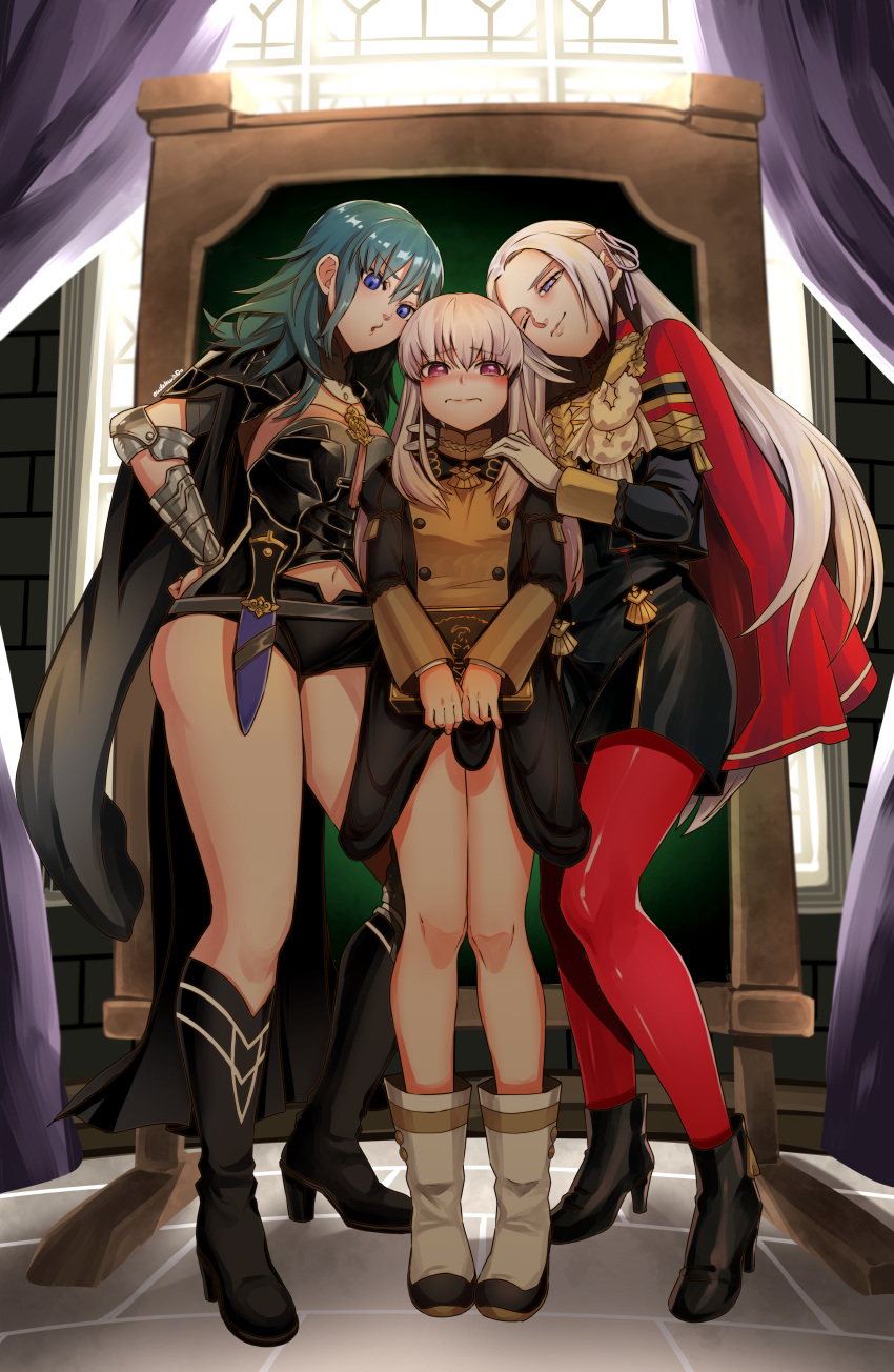 3girls absurdres bangs black_footwear blue_eyes blue_hair blush byleth_(fire_emblem) byleth_(fire_emblem)_(female) cape commentary dagger dress edelgard_von_hresvelg eudetenis eyebrows_visible_through_hair fire_emblem fire_emblem:_three_houses full_body half-closed_eye highres looking_at_viewer lysithea_von_ordelia multiple_girls navel no_legwear one_eye_closed pantyhose parted_bangs red_cape red_legwear wavy_mouth weapon white_hair