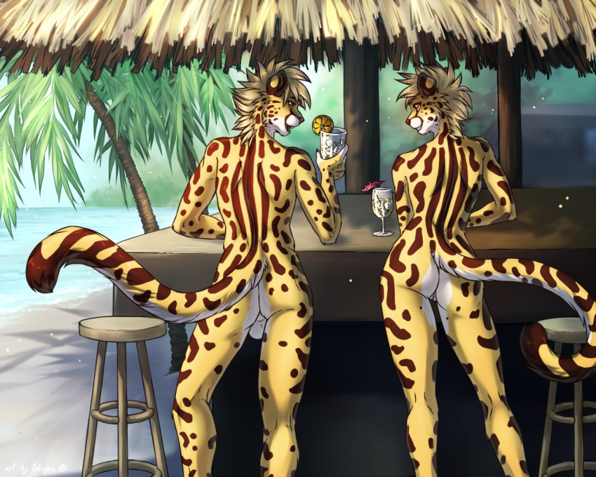 2019 5:4 alcohol anthro balls bar beach beverage blonde_hair brother brother_and_sister butt casual_nudity cheetah cocktail cotopes detailed_background digital_media_(artwork) duo eye_contact felid feline female fur glass hair holding_object looking_at_another male mammal nude open_mouth orange_eyes outside palms plant pussy sand sea seaside sibling sister sky smile spots spotted_fur take_your_pick tree twins umbrella water yellow_fur