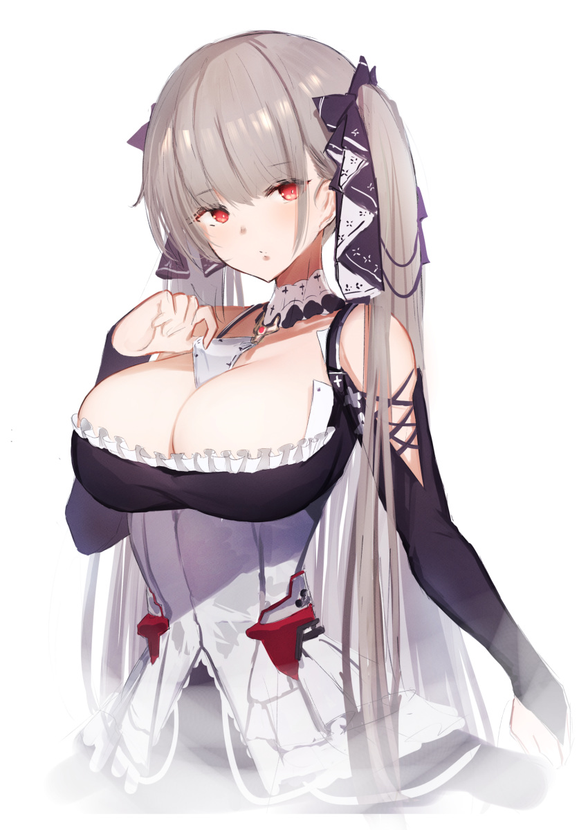 1girl absurdres azur_lane bangs bare_shoulders between_breasts black_dress blush breasts cleavage clothes_tug dress earrings eyebrows_visible_through_hair formidable_(azur_lane) frilled_dress frills grey_hair hair_ornament hair_ribbon highres jewelry large_breasts long_hair long_sleeves looking_at_viewer pnatsu red_eyes ribbon sidelocks simple_background solo twintails white_background