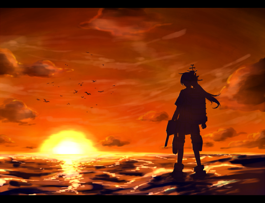 1girl akebono_(kantai_collection) any_(lucky_denver_mint) bird cloud evening flower hair_flower hair_ornament holding kantai_collection long_hair ocean outdoors ponytail rigging short_sleeves sky solo standing sunset twilight water