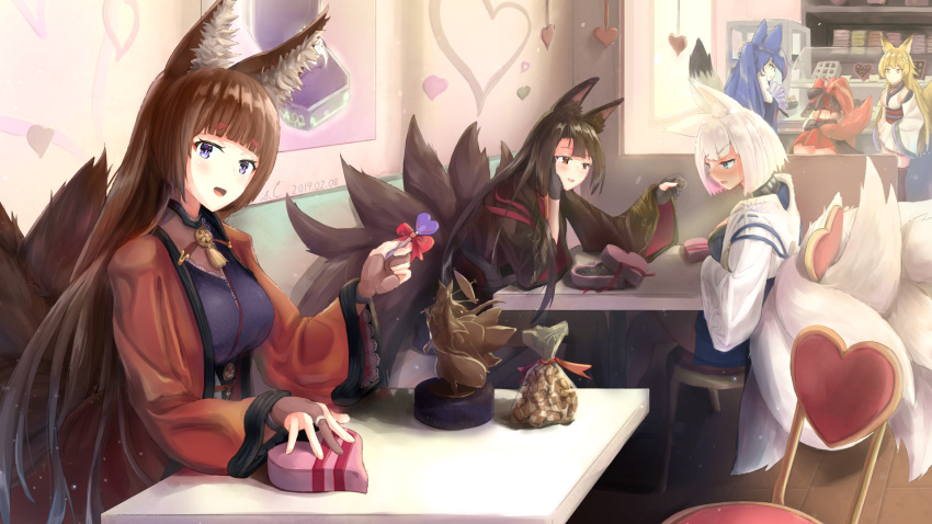 6+girls akagi_(azur_lane) amagi_(azur_lane) animal_ears azur_lane bag bangs black_legwear blonde_hair blue_eyes blue_hair blunt_bangs brown_hair candy chocolate chocolate_heart chocolate_statue commentary commentary_request display eyebrows_visible_through_hair fan flower folding_fan food fox_ears fox_tail gloves hair_flower hair_ornament heart highres indoors japanese_clothes jewelry jintsuu_(azur_lane) kaga_(azur_lane) kimono lollipop long_hair multiple_girls multiple_tails naka_(azur_lane) official_art open_mouth ponytail poster_(object) purple_eyes red_eyes red_hair ring s.claw sendai_(azur_lane) short_hair sitting skirt tail thighhighs valentine white_hair wide_sleeves window