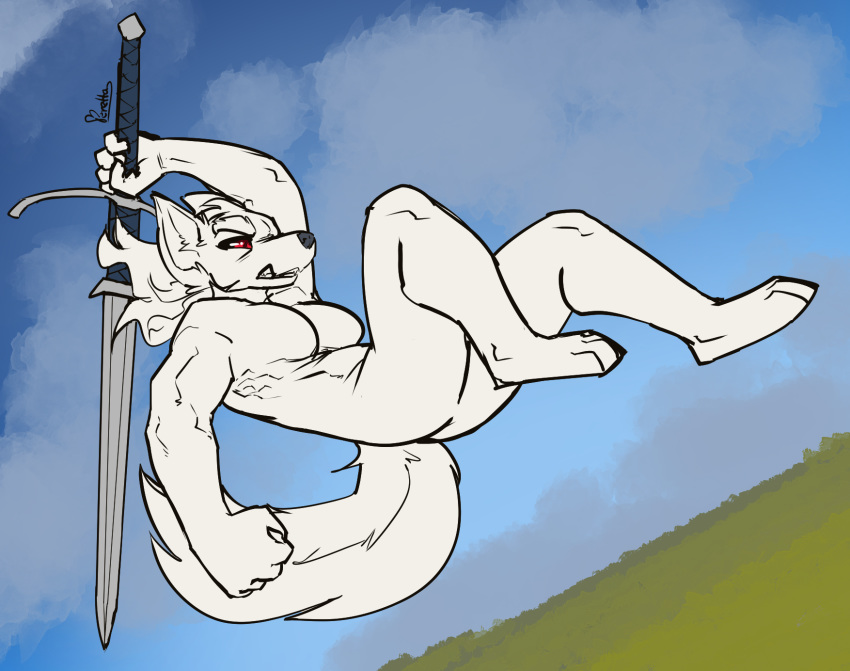 albino attack canid canine canis dire_wolf female feretta fur grass hair hi_res mammal melee_weapon muscular muscular_female nude prydr red_eyes sky sword weapon white_fur white_hair