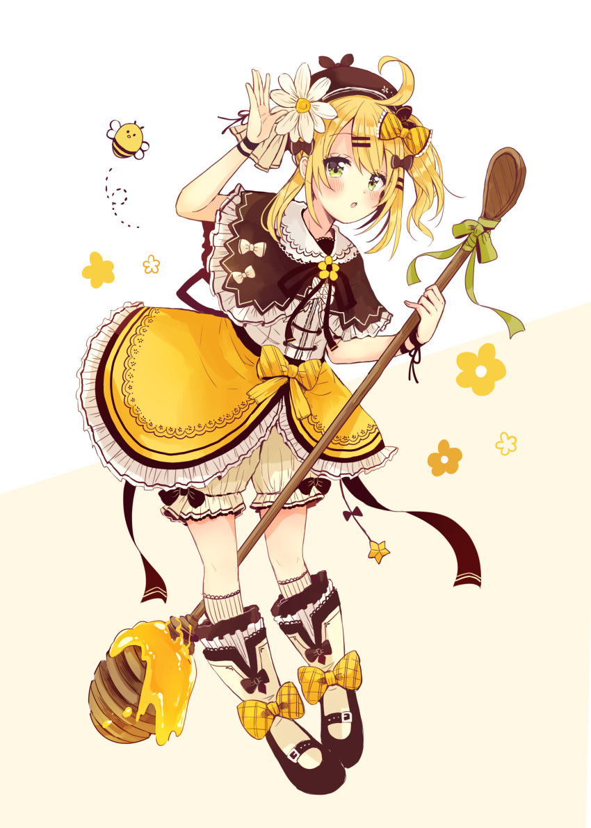 1girl :o absurdres animal arm_up bee beret black_bow black_capelet black_headwear black_ribbon blonde_hair blush boots bow brown_background bug capelet flower full_body gradient gradient_background hair_bow hair_ornament hairclip hat highres honey insect knee_boots kneehighs leaning_forward looking_at_viewer neck_ribbon original parted_lips ribbon sakura_oriko shirt sidelocks skirt solo white_background white_flower white_footwear white_legwear white_shirt yellow_bow yellow_skirt