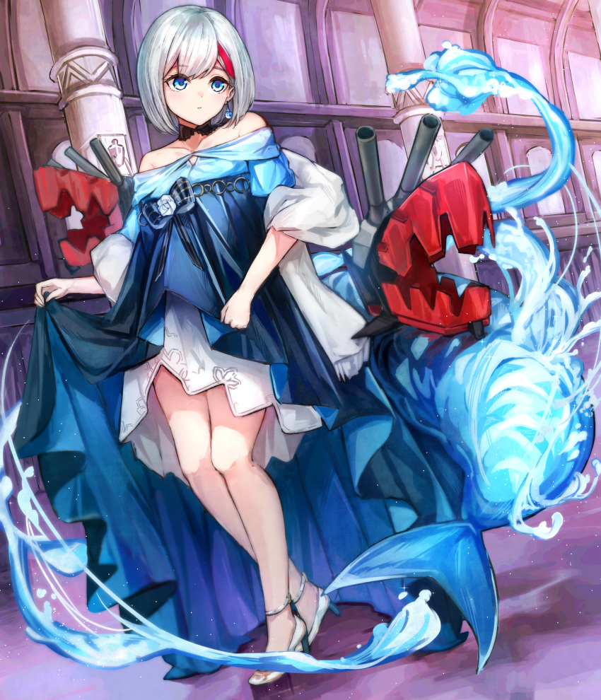 1girl admiral_graf_spee_(a_novel_anniversary)_(azur_lane) admiral_graf_spee_(azur_lane) anklet azur_lane ballroom bangs bare_shoulders blue_eyes cannon choker closed_mouth collarbone column commentary_request dress earrings evening_gown eyebrows_visible_through_hair full_body high_heels highres holding_skirt indoors jewelry multicolored_hair pillar rigging shark_tail short_hair solo standing streaked_hair ta938_ka23 tail two-tone_hair white_hair