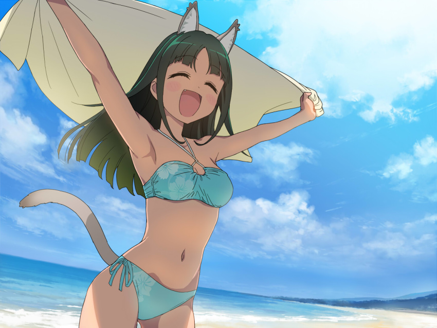 1girl :d ^_^ animal_ears armpits arms_up bangs bare_arms bare_shoulders beach bikini blue_bikini blue_sky blush breasts cat_ears cat_girl cat_tail cleavage closed_eyes cloud cloudy_sky commentary_request day eyebrows_visible_through_hair fang floral_print green_hair halter_top halterneck holding holding_towel horizon long_hair navel ocean open_mouth original outdoors outstretched_arms parted_bangs print_bikini sand side-tie_bikini sky small_breasts smile solo swimsuit tail tonbi towel water