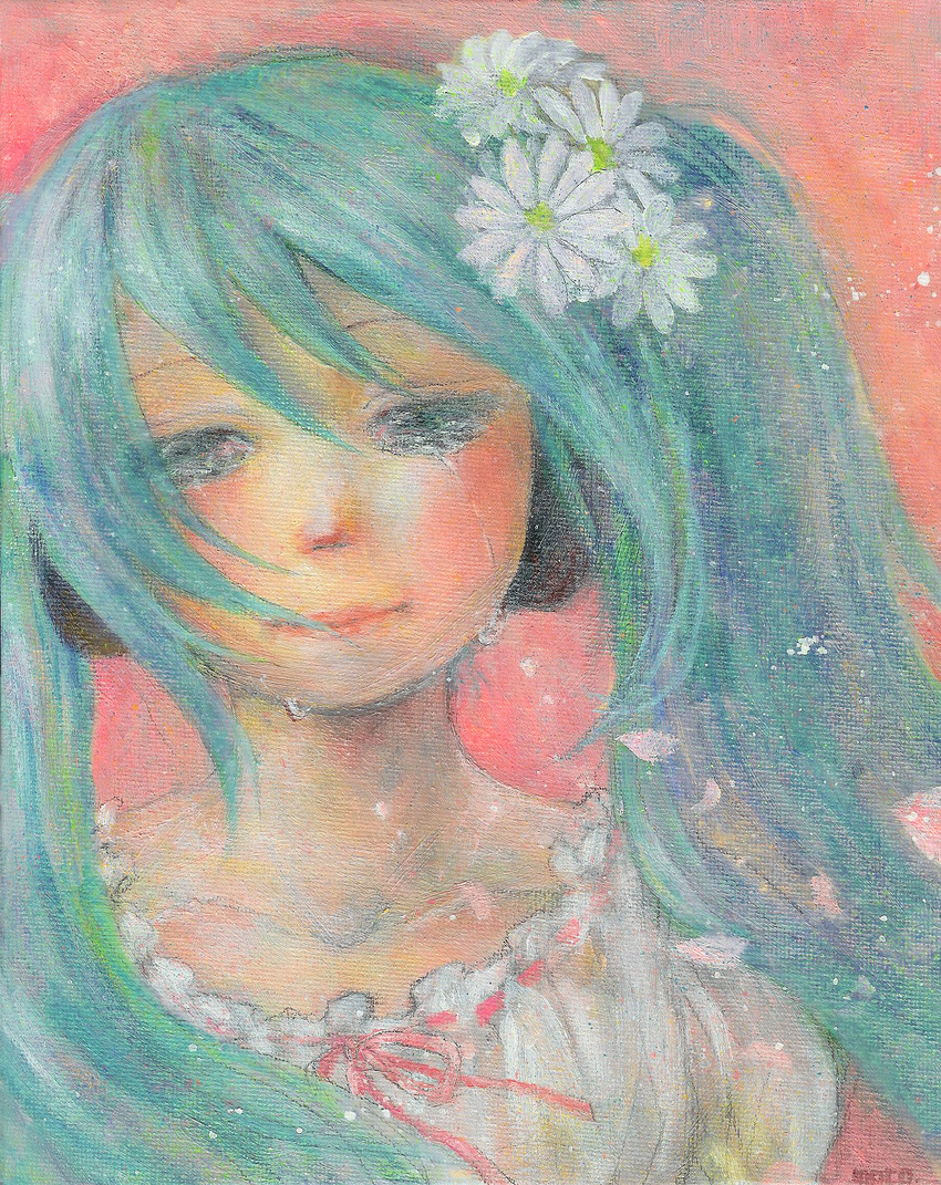 alternate_costume aqua_hair bad_id bad_pixiv_id close-up closed_mouth face flower hair_flower hair_ornament hatsune_miku highres lips moco._(artist) oil_painting_(medium) smile solo tears traditional_media twintails vocaloid