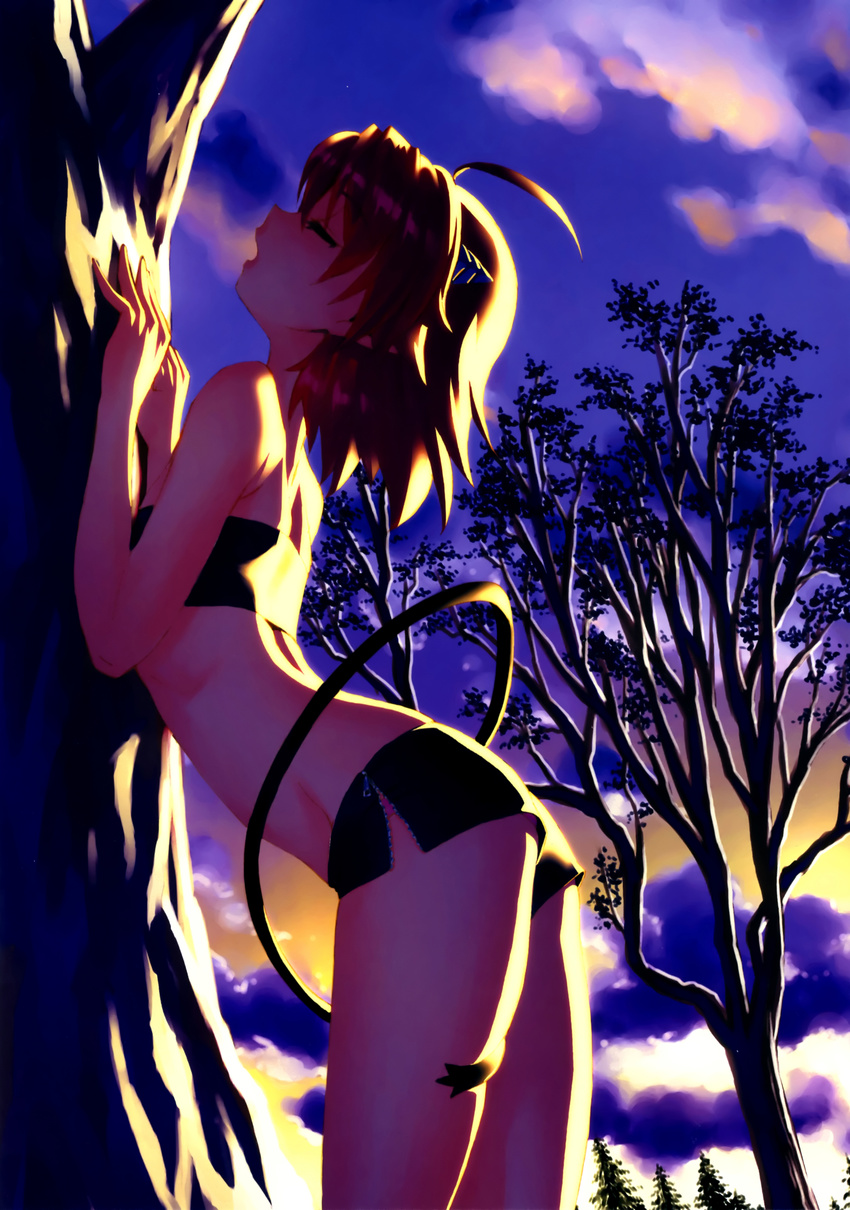 absurdres against_tree ahoge akumachi_pam arched_back backlighting bandeau breasts closed_eyes cloud dutch_angle highres leaning_forward mori_kotarou non-web_source open_mouth profile red_hair short_shorts shorts sky small_breasts solo strapless stray_little_devil tail tail_wrap tree tubetop twilight unzipped